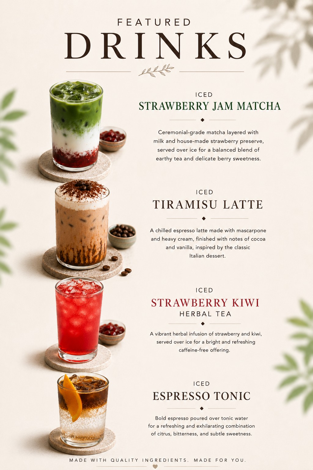 Boa Vida Coffee featured drinks menu: iced strawberry jam matcha, tiramisu latte, strawberry kiwi herbal tea and espresso tonic